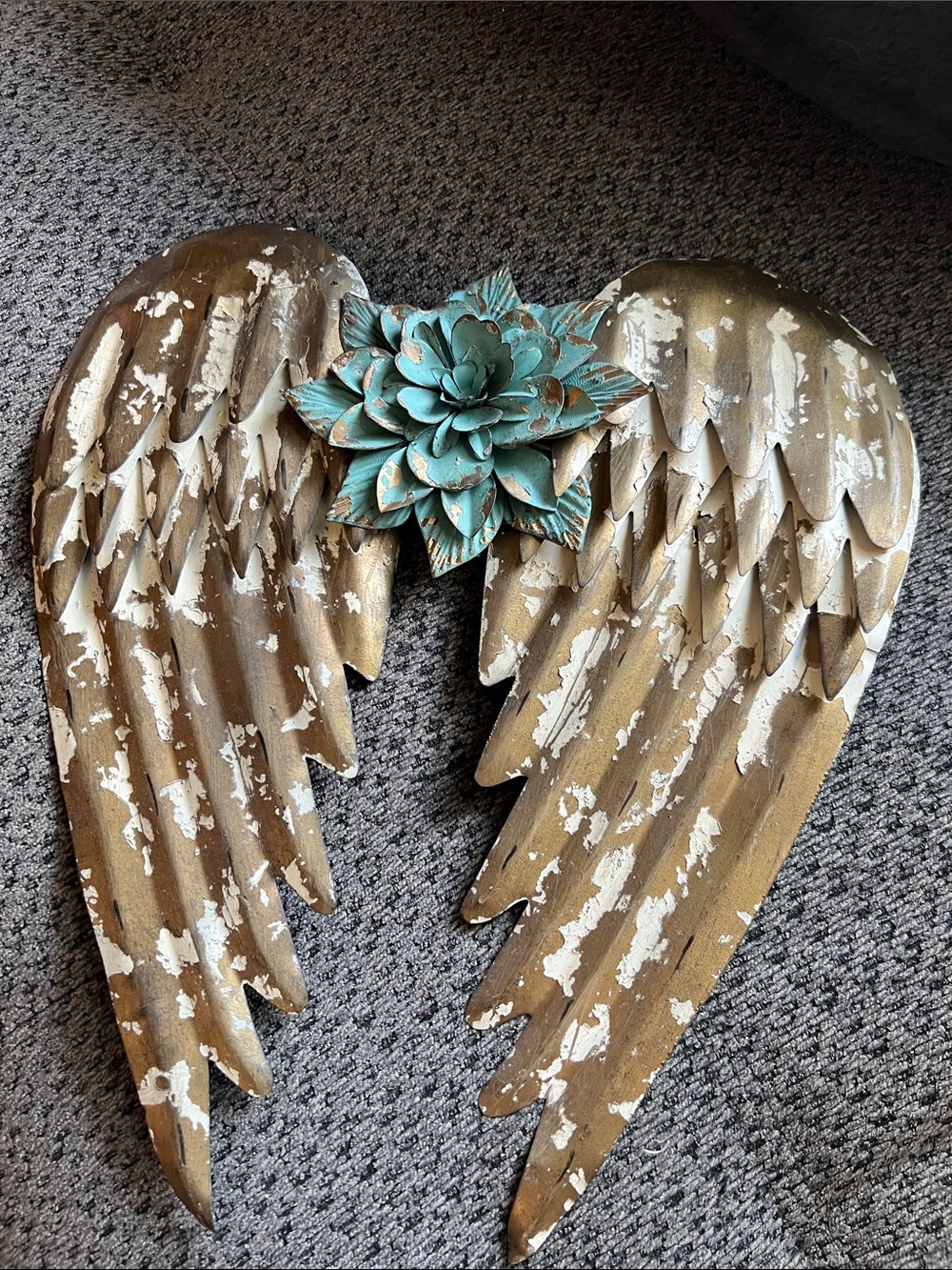 Distressed Gold Metal Angel Wings Wall Decor with Teal Flower Accent